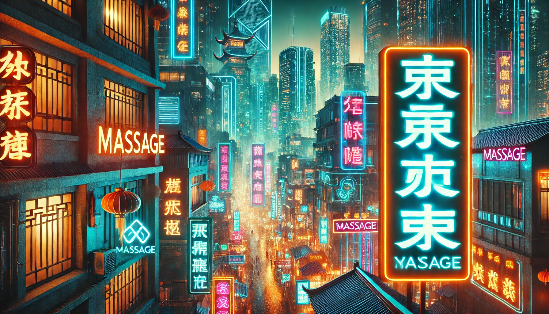 chongqing cyberpunk city neon hanzi massage sign